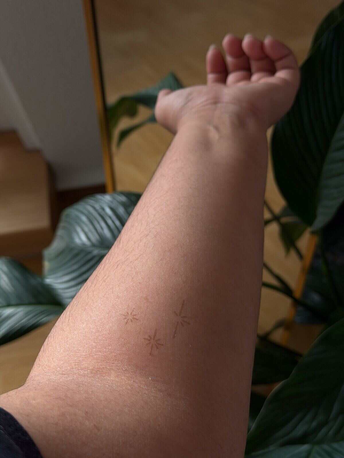 Faint celestial Inkster tattoo motifs developing after the transfer paper was removed